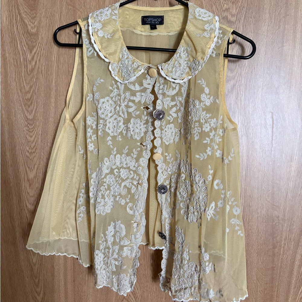 Vintage Topshop Sheer Yellow Lace Sleeveless Blouse